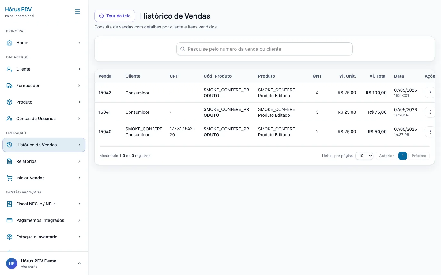 Histórico de vendas do Hórus PDV