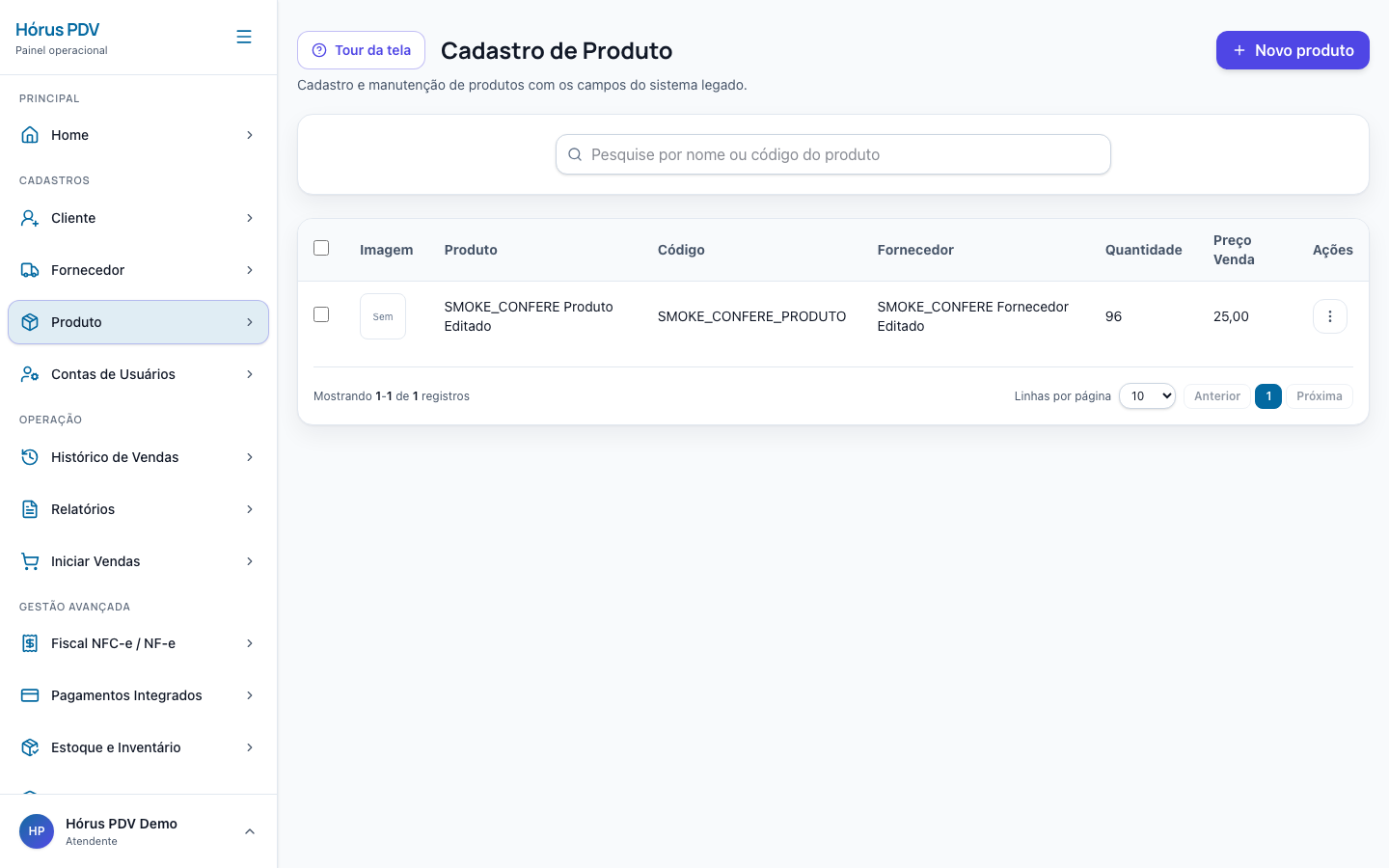 Cadastro de produtos do Hórus PDV